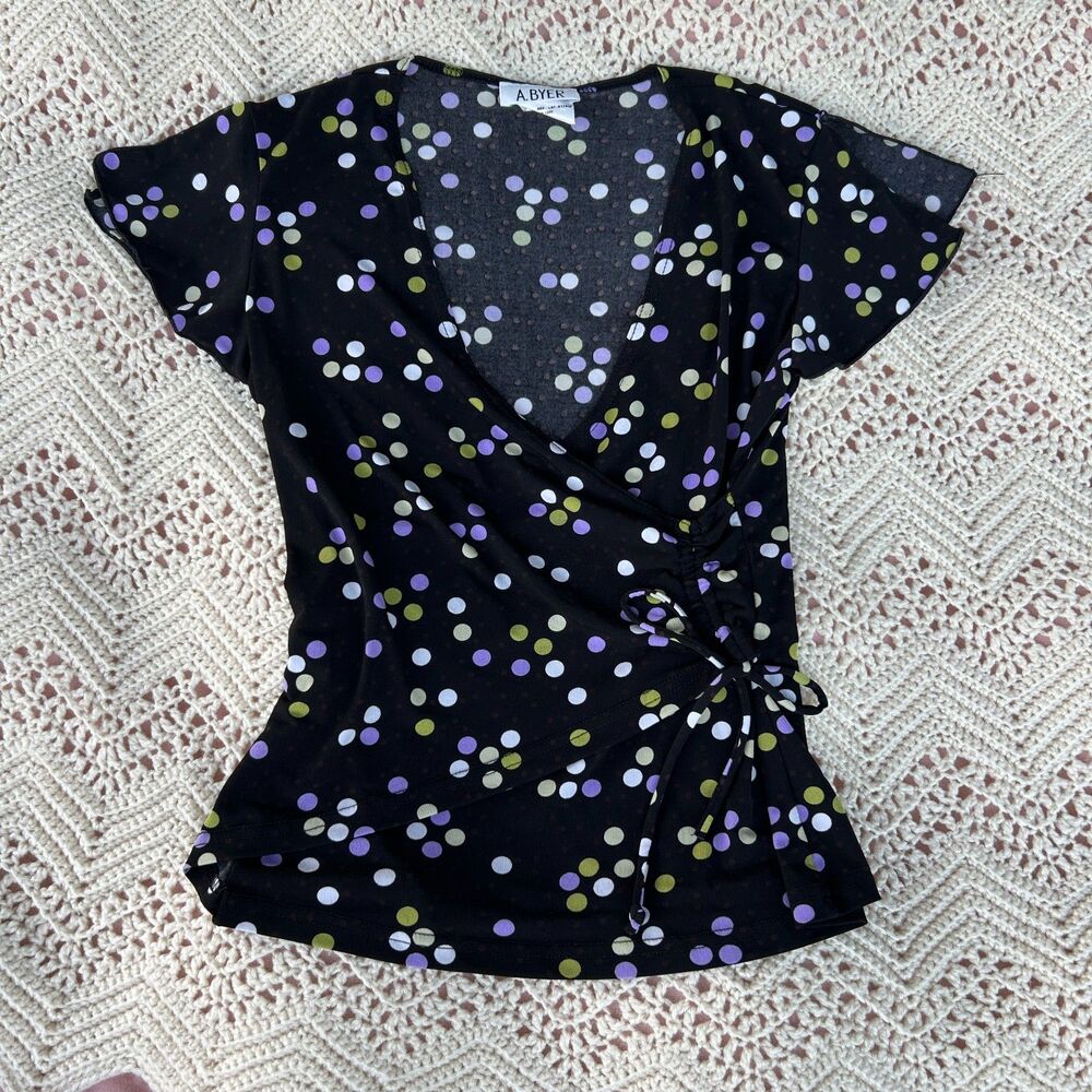 Vintage Y2K Polka Dot Blouse Faux Wrap Ruched Tie Flutter Sleeve USA Whimsigoth